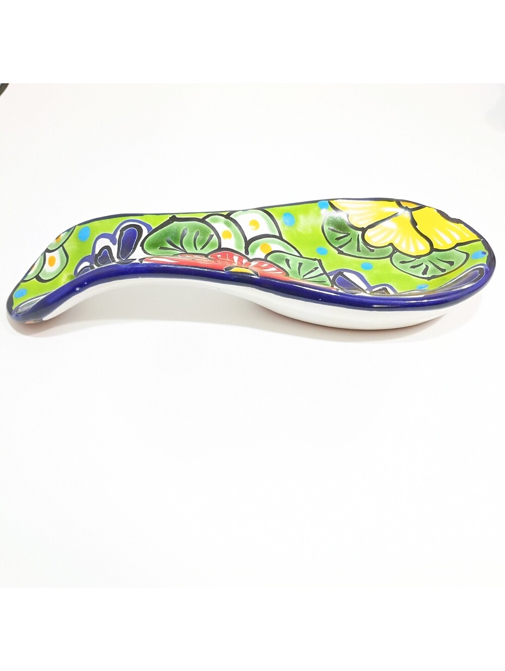 Mexican Talavera Pottery Spoon Rest Hand Painted 9” Cobalt Floral Made in Mexico
